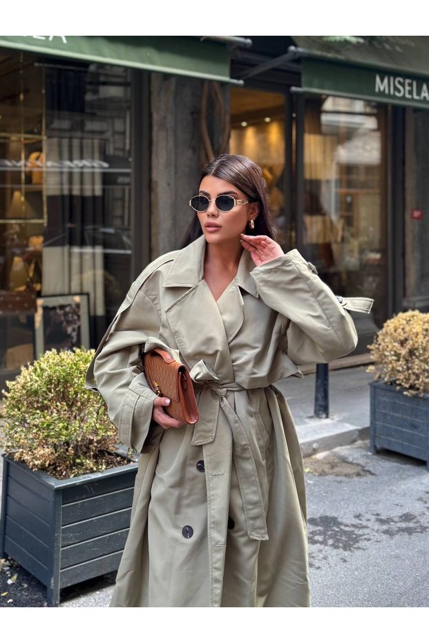 Women's Long Double-Breasted Collared Double-Button Belted Trench Coat