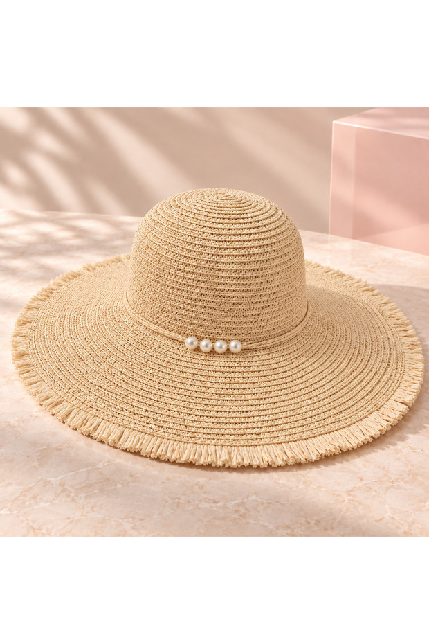 Pearl-Trimmed Wide-Brim Beach Hat - Cream