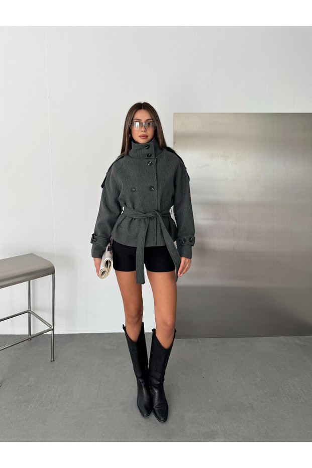 Women's Stand Collar Belted Double Button Short Cashmere Coat