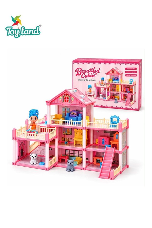 Kids DIY Dollhouse Playset, Beautiful Cabin Dream Fairy Tale House, Multi-Level Princess Doll House Building Toy with Furniture, Mini Doll, Pet & Accessories, Pretend Play Gift for Girls Ages 3+
