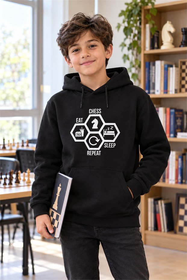 Eat Chess Sleep Repeat Kids' Fleece Hooded Sweatshirt