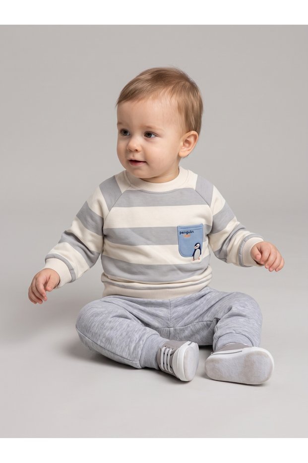 Baby Boy Penguin Patterned 3 Threaded Yarn Top and Bottom Set