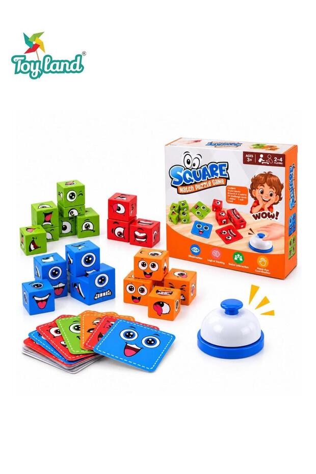 Kids Square Match Puzzle Game with 16 Colourful Expression Blocks, 24 Challenge Cards and Bell, Educational Face Matching Board Game, Memory and Logic Learning Toy for Boys and Girls