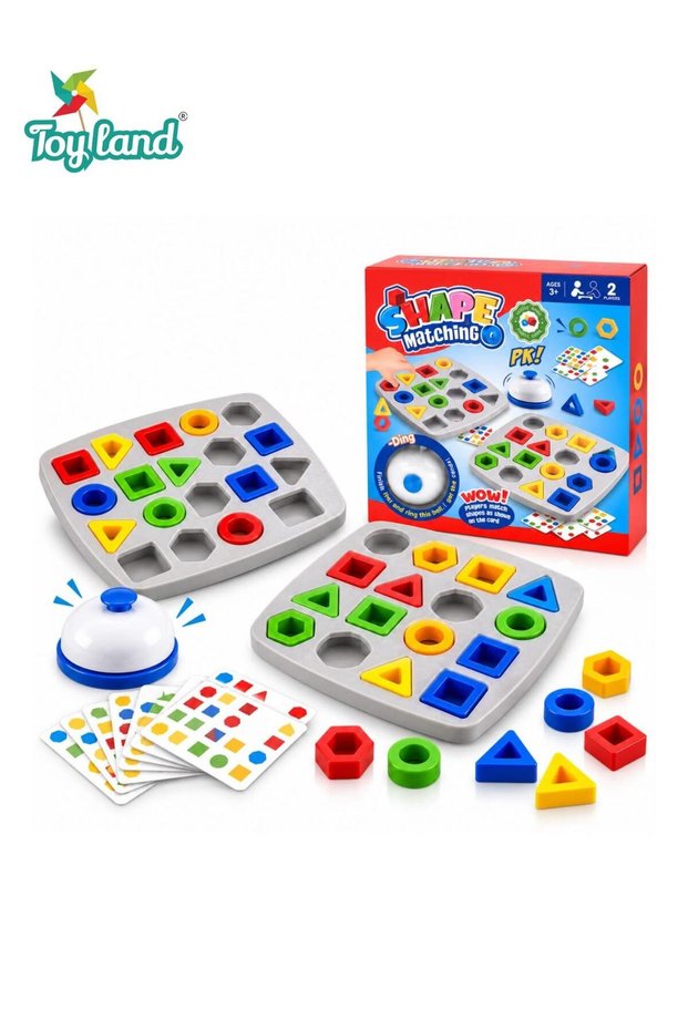 Kids Shape Matching Puzzle Board Game with Colourful Geometric Blocks, Pattern Cards and Bell, Educational Shape Sorting Learning Toy, 2 Player Matching Game for Boys and Girls, Ages 3+
