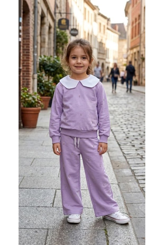 Collared Pearl and Beaded Embellished Wide-Legged 2-Strand Seasonal Top and Bottom Girls' Set