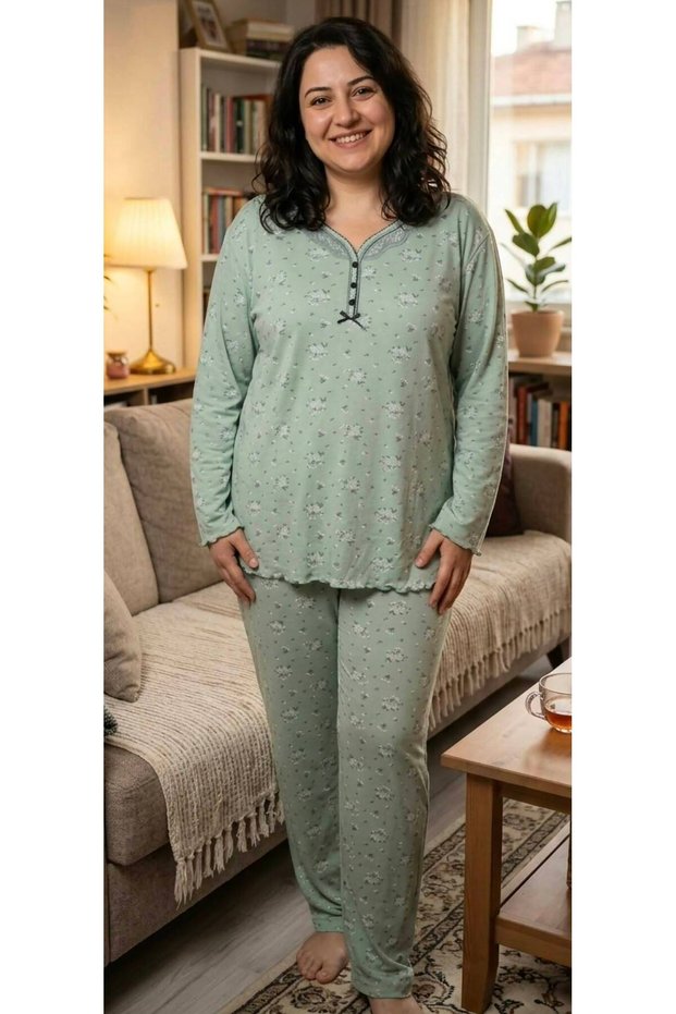 Big Size 100% Cotton Long Sleeve Women's Pajama Set Green