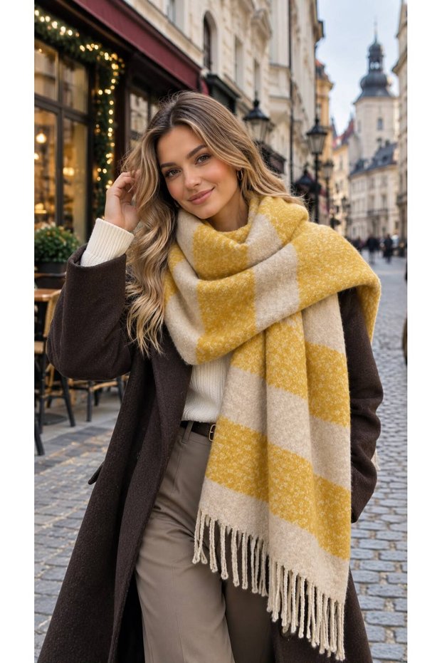 Safran Plaid Patterned Soft Textured Tasseled Thick Scarf Shawl 210X43 cm