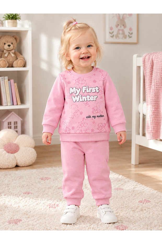 Baby Girl Embossed Printed 100% Cotton Top and Bottom Set (9-12-18 Months)
