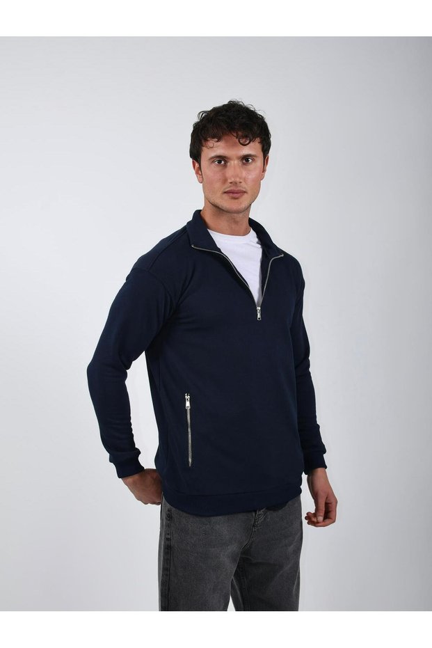 Men's Oversize Standing Collar Half Zipper Pocket Sweatshirt Without Hood 3 Threads