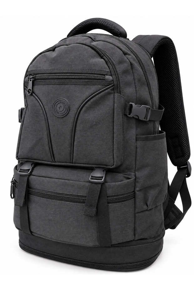 Black Canvas Backpack 50 cm Laptop Compartment Lower Compartment Waist Support Multi-Compartment Travel and Daily Use Bag 37 Liters
