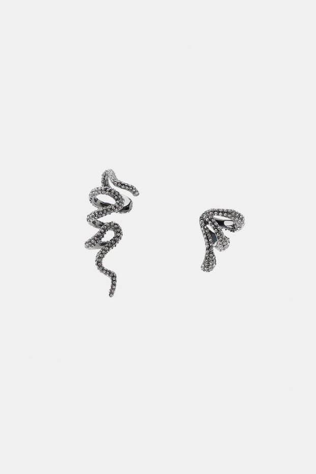 Zircon Stone Silver Color Snake Figured Asymmetrical Design Earrings Ear Cuff