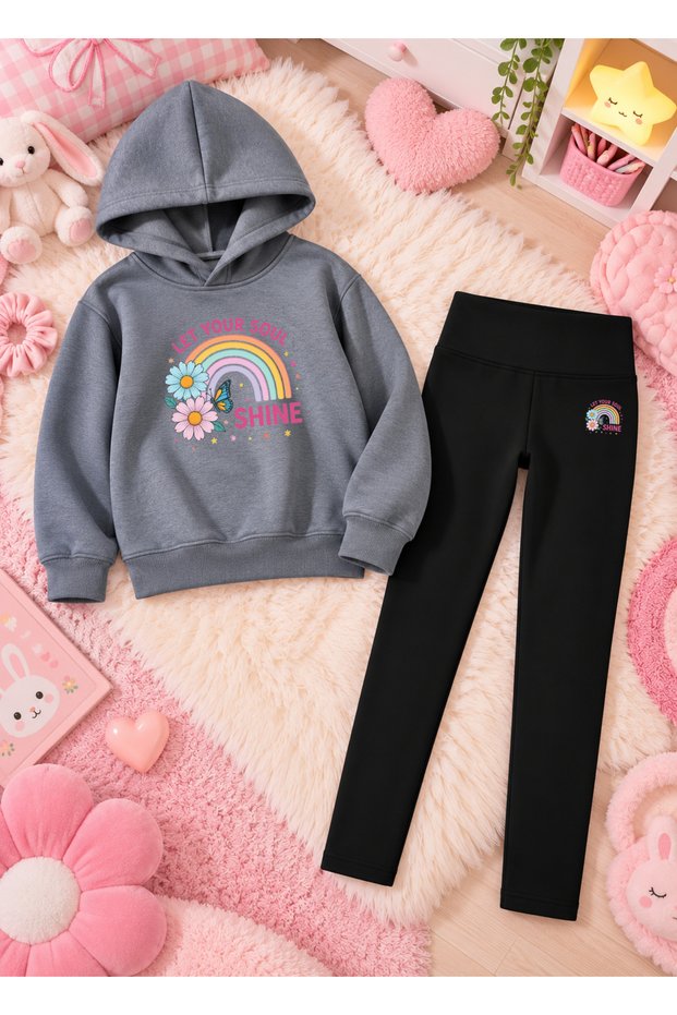 Children's Hooded Sweatshirt, Skinny Leggings Set, Printed 3 Yarn Threaded Winter Set