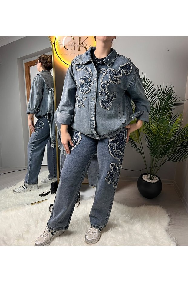 Women's Rose Garden Floral Embroidered Oversize Denim Jacket and Wide Leg Jean Pants Two-Piece Set - 7502
