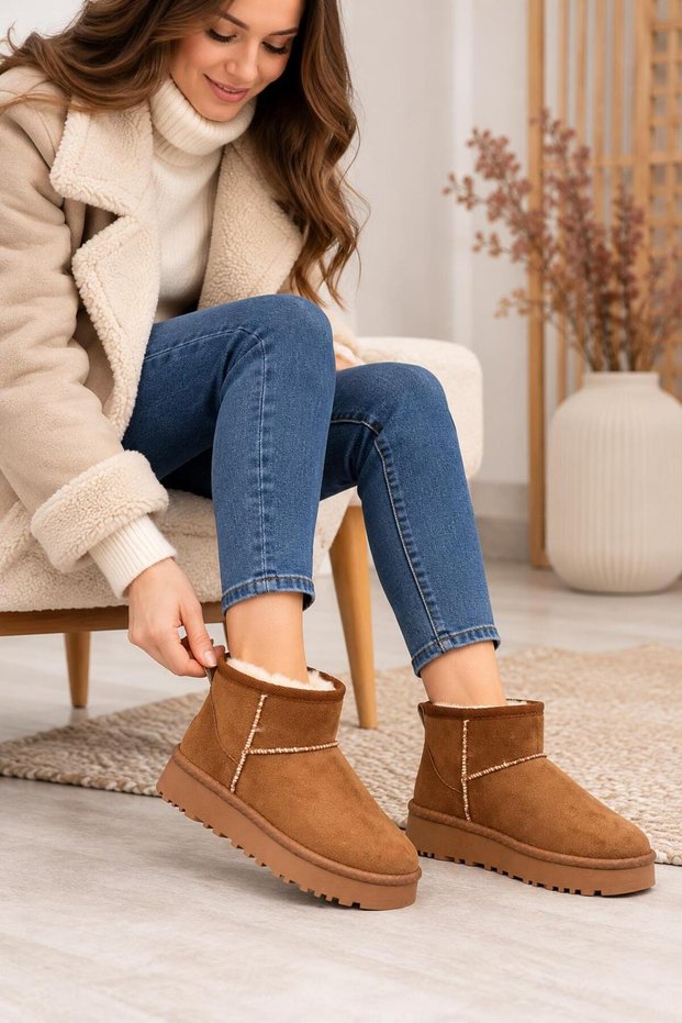 Shoe Basket 5447 Furry Mini Ankle Length Women's Suede Boots