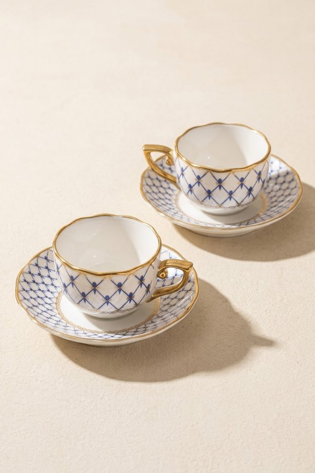 Trelia Porcelain 2-Person Coffee Cup Set Blue Cage Pattern with Gold Color Handles 90 ml Turkish Coffee Espresso Cup Set