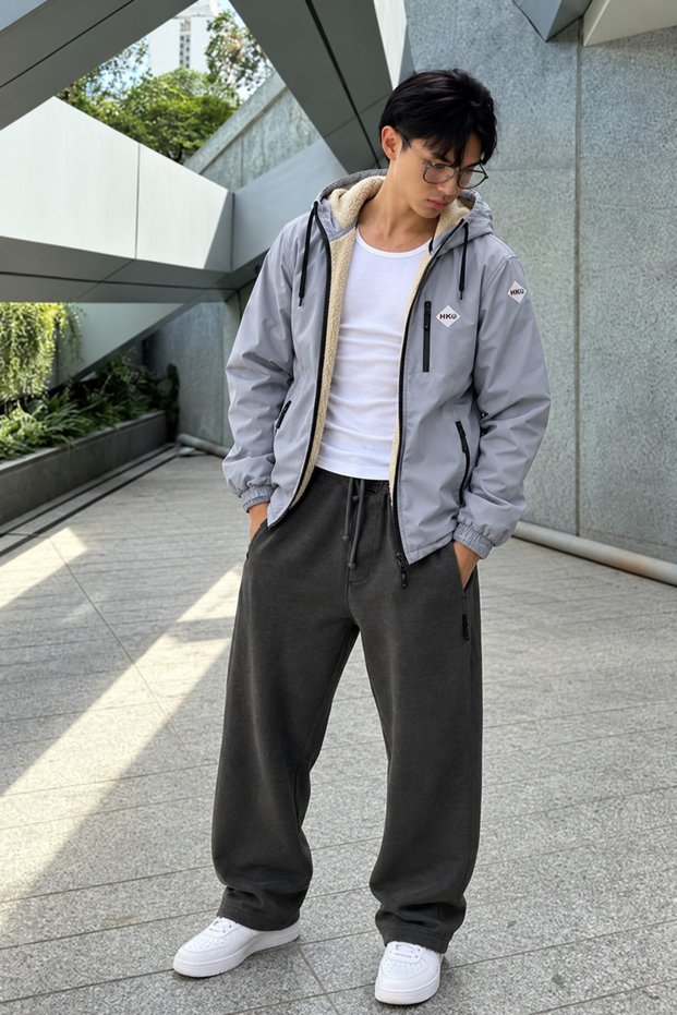Men's Hooded Full-Pocket Winter Casual Gray Fur Raincoat