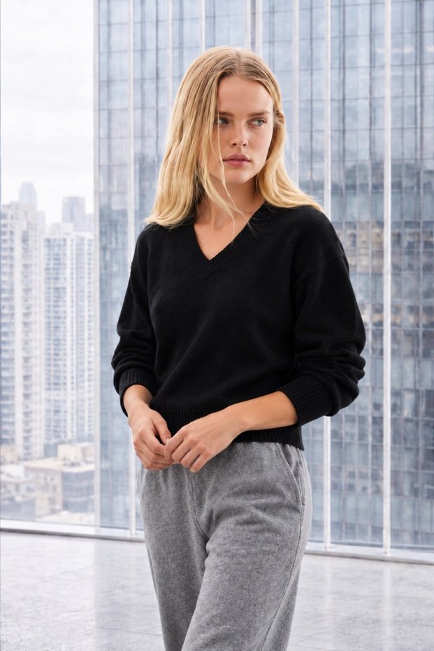 Women's V-Neck Black Knitwear Sweater