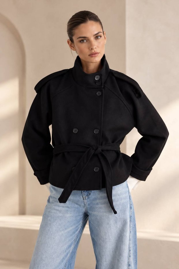 Regular Apollet Buttoned Short Checked Coat