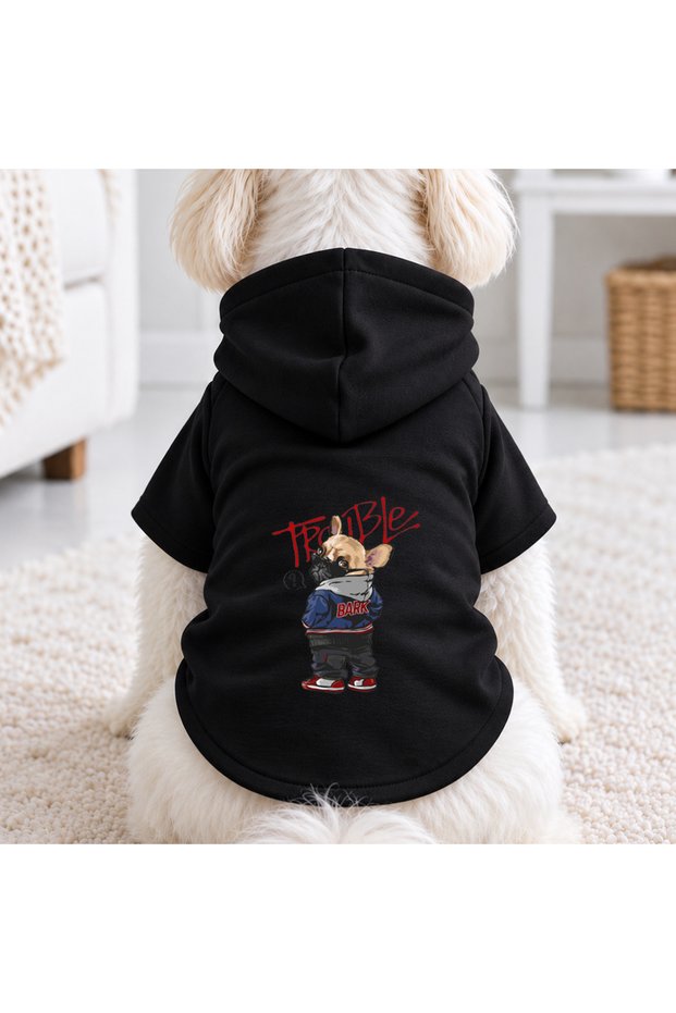 Black Trouble Printed Dog Sweatshirt | Hooded, Fleece Fabric, Winter Dog Clothing