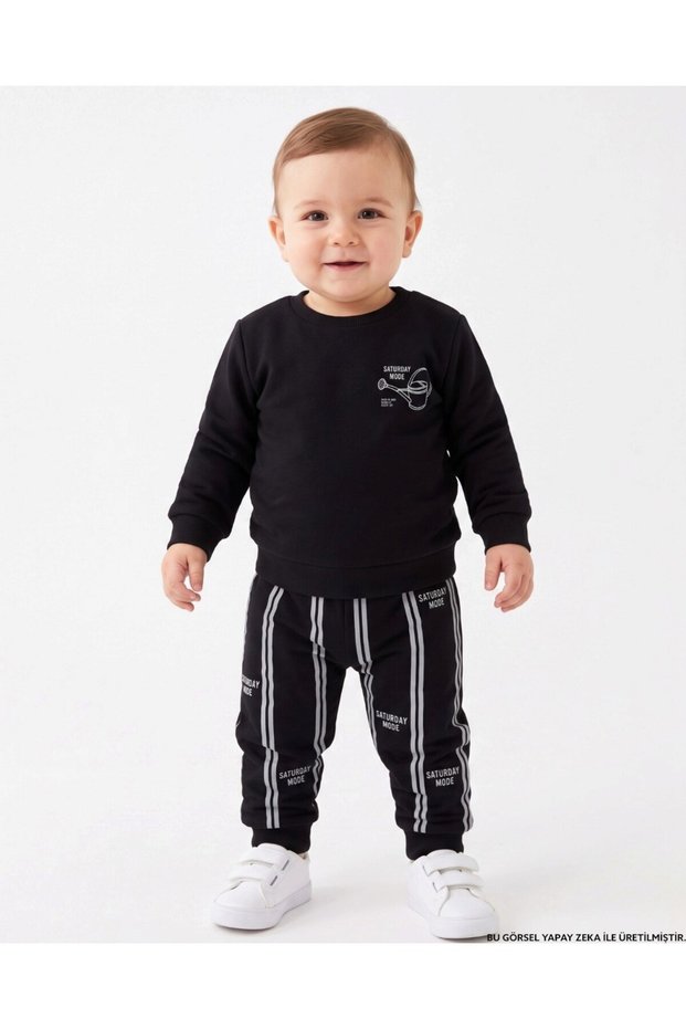 Boys' Striped 1-2-3-4 Years Old Winter 3 Threaded Ribbed 2-Piece Top and Bottom Tracksuit Set