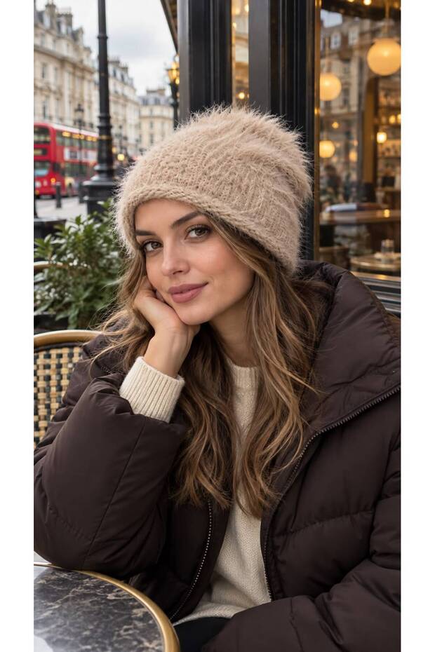 Beige Soft Textured Long Fur Plush Women's Beret
