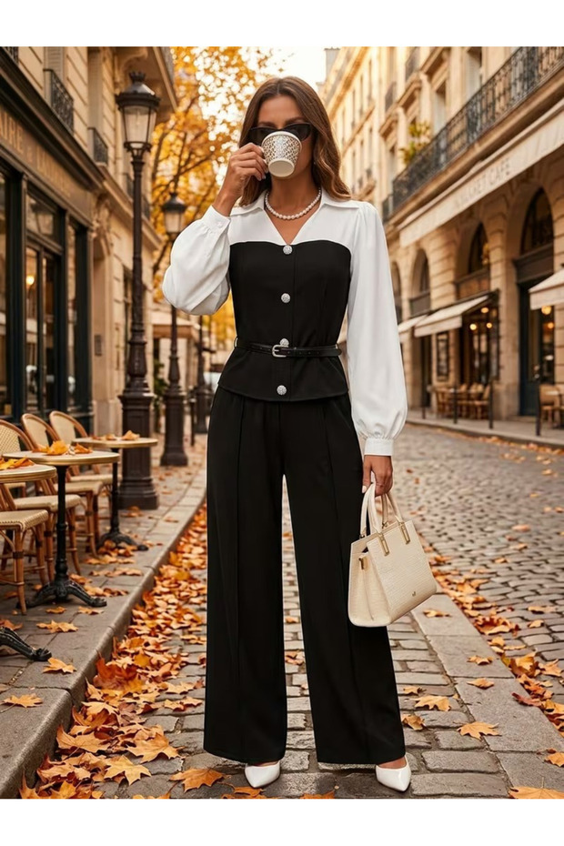 Women's Long Sleeve Collared Front Buttoned Beltless Shirt Blouse and Trousers Two-Piece Set
