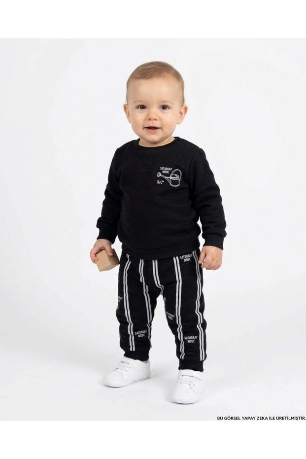 Boys' Striped 1-2-3-4 Years Old Winter 3 Threaded Ribbed 2-Piece Top and Bottom Tracksuit Set