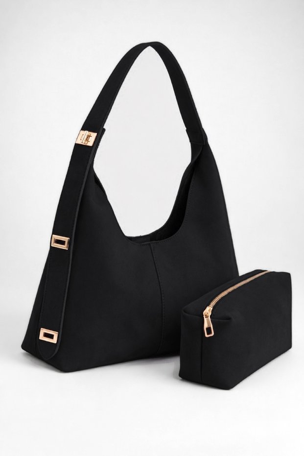 Women's Lilac Black Suede Lock Strap Detailed Organizer Magnet Closure Shoulder Bag