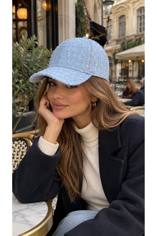 Baby Blue Sequined Tweed Women's Cap Hat