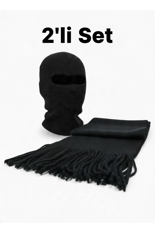 Premium Black Snow Mask and Scarf Set of 2 Unisex | Double Layer Knitwear Balaclava & Tasseled Winter Scarf Biker Helmet Face Mask