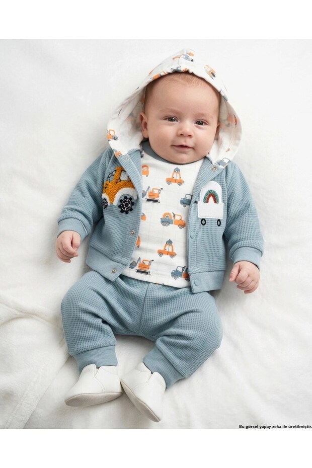 Baby Boy Newborn 0-3-6-9 Months Stylish 3-Piece Set with Waffle Fabric Cardigan and Snap-On Bodysuit