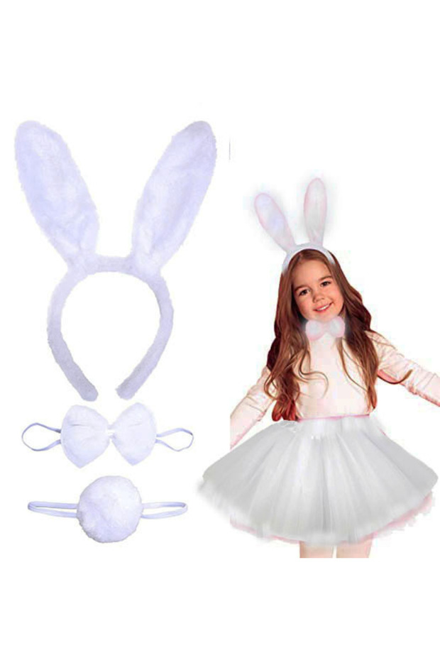 Rabbit Crown Skirt, Bow Tie and Tail Costume Set, White Color, Children's Size