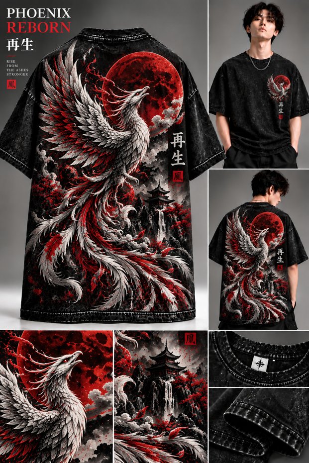 Phoenix Reborn Phoenix Back Printed Oversize Black Crew Neck T-Shirt