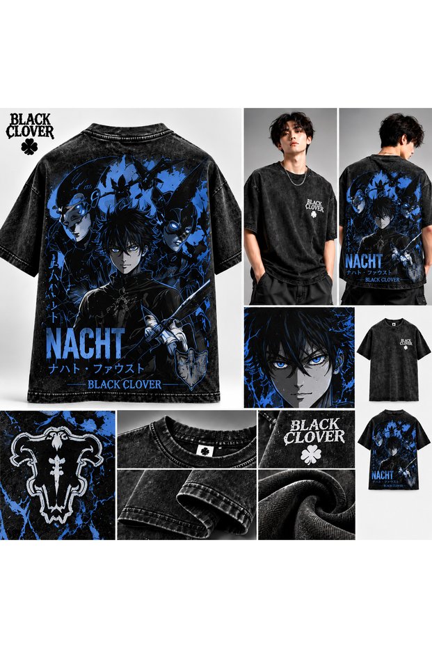 Black Clover Nacht Faust Back Printed Oversize Black Crew Neck T-Shirt