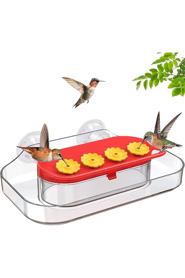 Window Hummingbird Feeder with Suction Cups,Clear View Tray with 4 Feeding Ports,10 Ounces