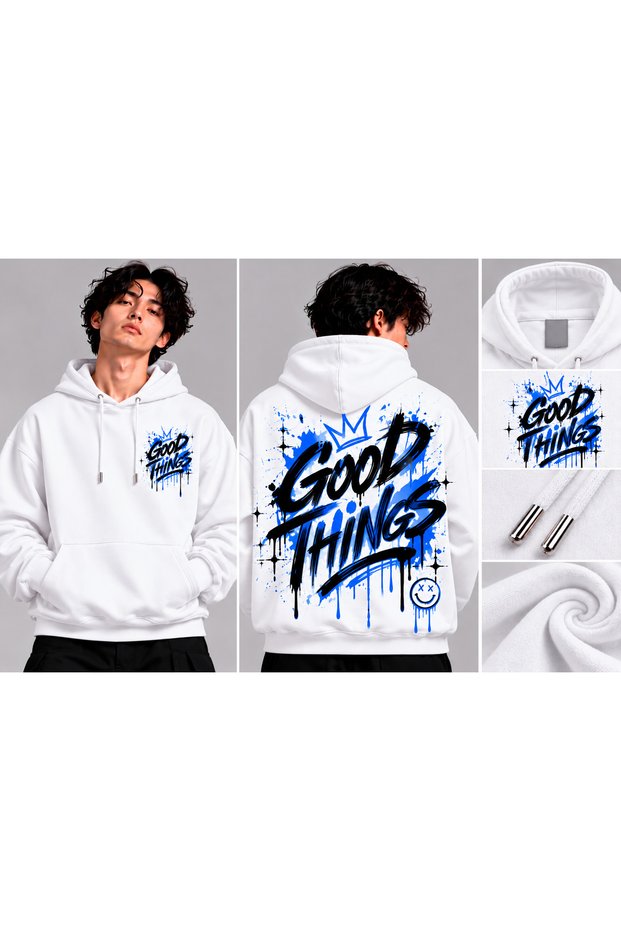 Good Things Graffiti Back Print Oversize Hooded White Sweatshirt with Kangaroo Pocket