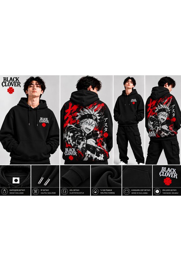 Black Clover Asta Red Manga Back Print Oversize Hooded Black Sweatshirt with Kangaroo Pocket