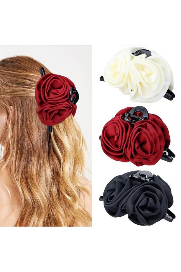 3 Pack Silk Rose Hair Claws for Women and Girls,Large Flower Barrettes for Thick and Thin Hair,Aesthetic Hair Accessories for Bun and Updo