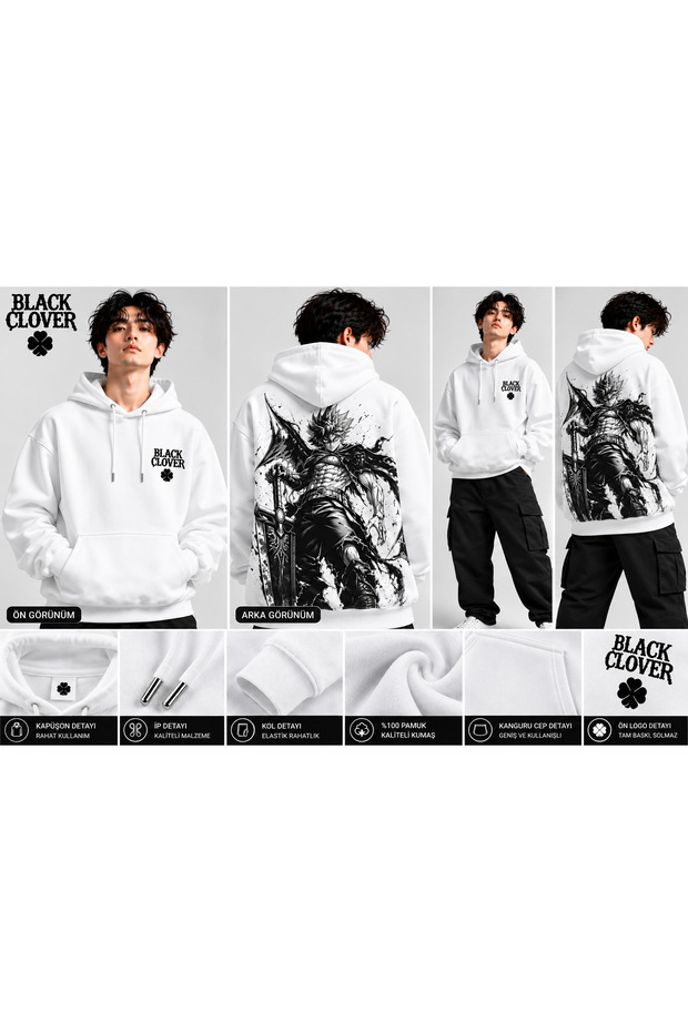 Black Clover Dark Warrior Back Printed Oversize Hooded White Sweatshirt with Kangaroo Pocket