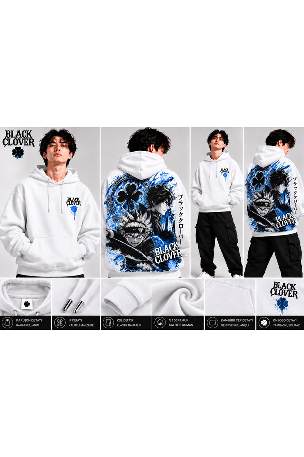 Black Clover Asta and Yuno Blue Detailed Back Print Oversized Hooded White Sweatshirt with Kangaroo Pocket