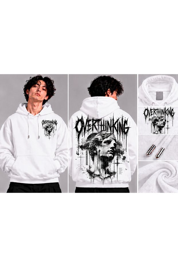 Overthinking Sculpture Back Print Oversized Hooded White Sweatshirt with Kangaroo Pocket