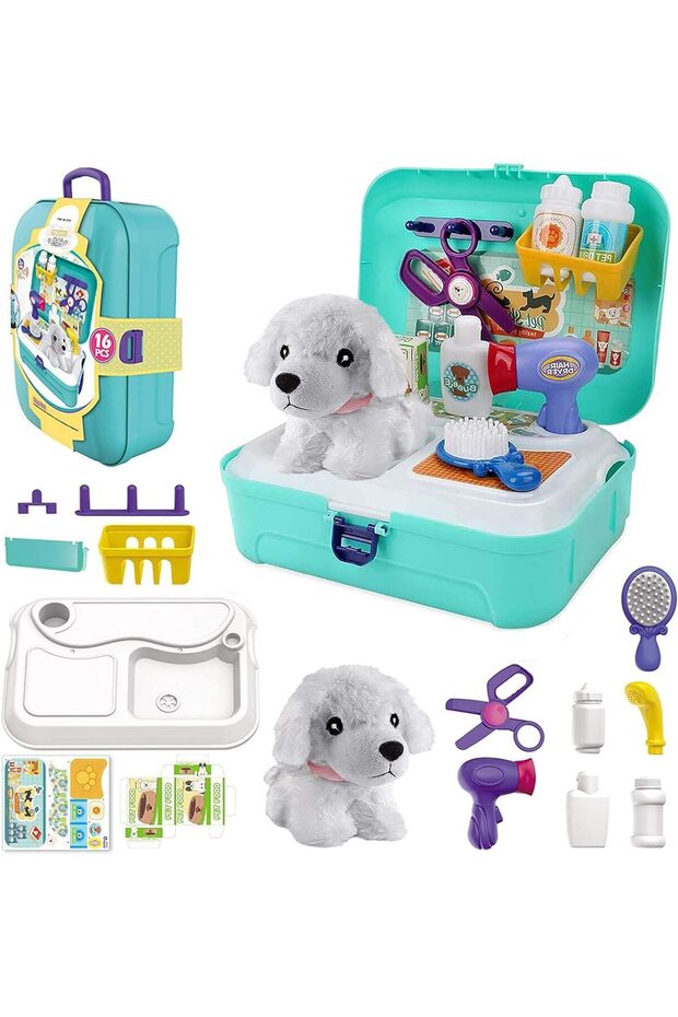 16-Piece Kids Pet Care Doctor Play Set,Vet Clinic Toy with Plush Dog,Grooming Accessories and Carrier Backpack