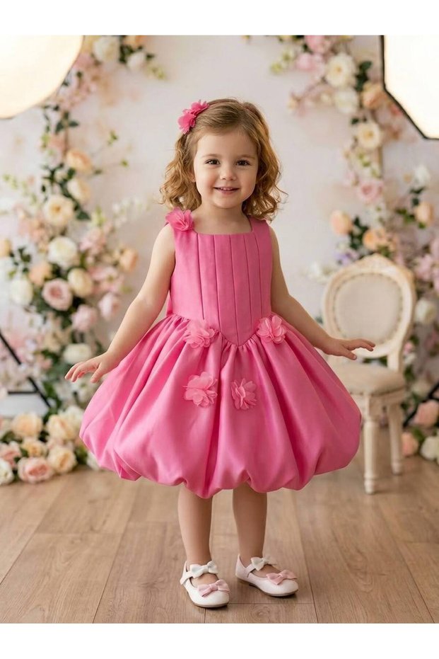 Pink Balloon Model Birthday Dress with Floral Appliqué Detail