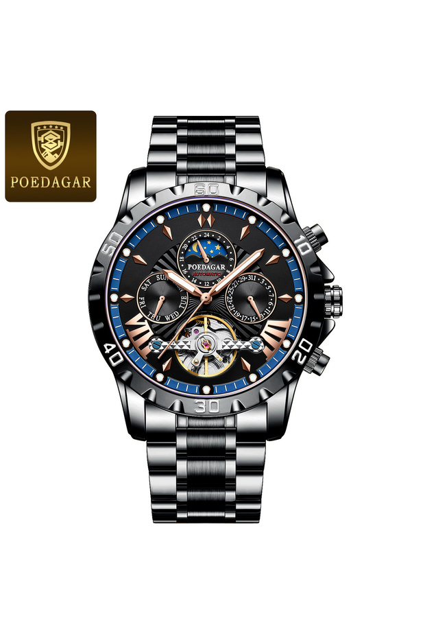 1410 Black Blue S POEDAGAR Luxury Automatic Wristwatch Waterproof Luminous Date Week Leather Men Wat