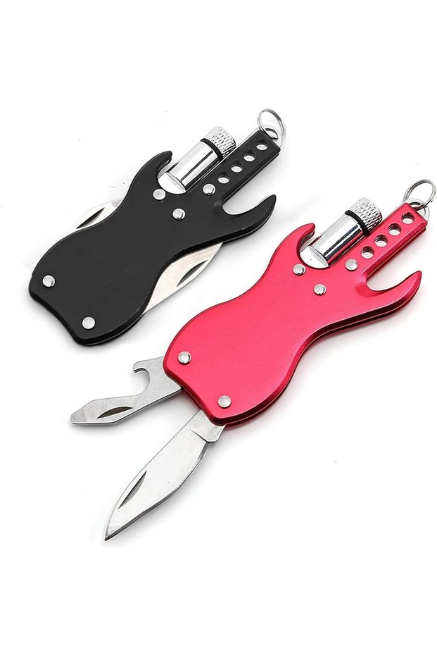 3-in-1 Guitar Shaped Mini Multitool Keychain,Folding Cutting Tool with Bottle Opener and Flashlight