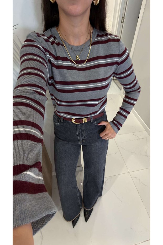 Kolde Gray Burgundy Striped Long Sleeve Knitwear