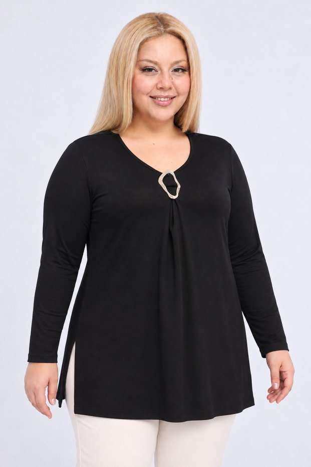 Plus Size Collar Metal Accessory Pleated Front Blouse