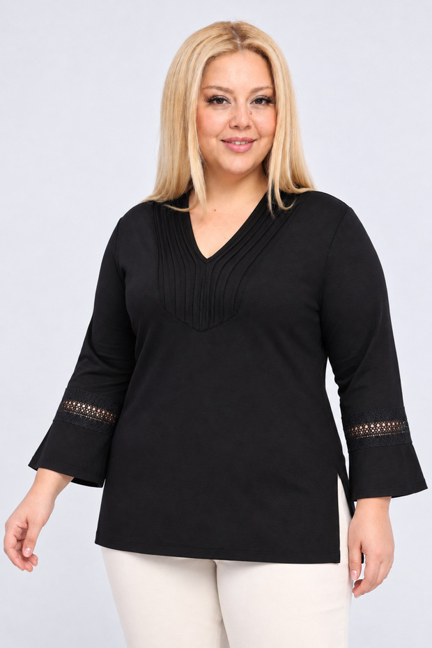 Plus Size Ribbed Collar Lace Detailed Flounce Sleeve Blouse