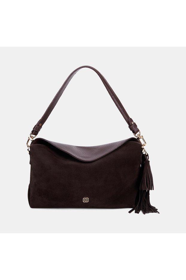 Women's Bitter Brown Suede Textured Shoulder Bag with Tassel Accessories