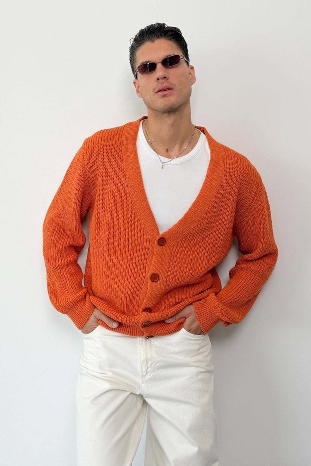 Men's V-Neck Buttoned Knitwear Cardigan Orange - 26505